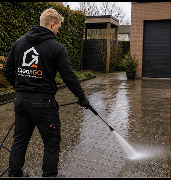 CleanGo reinigt een terras met een hogedrukreiniger